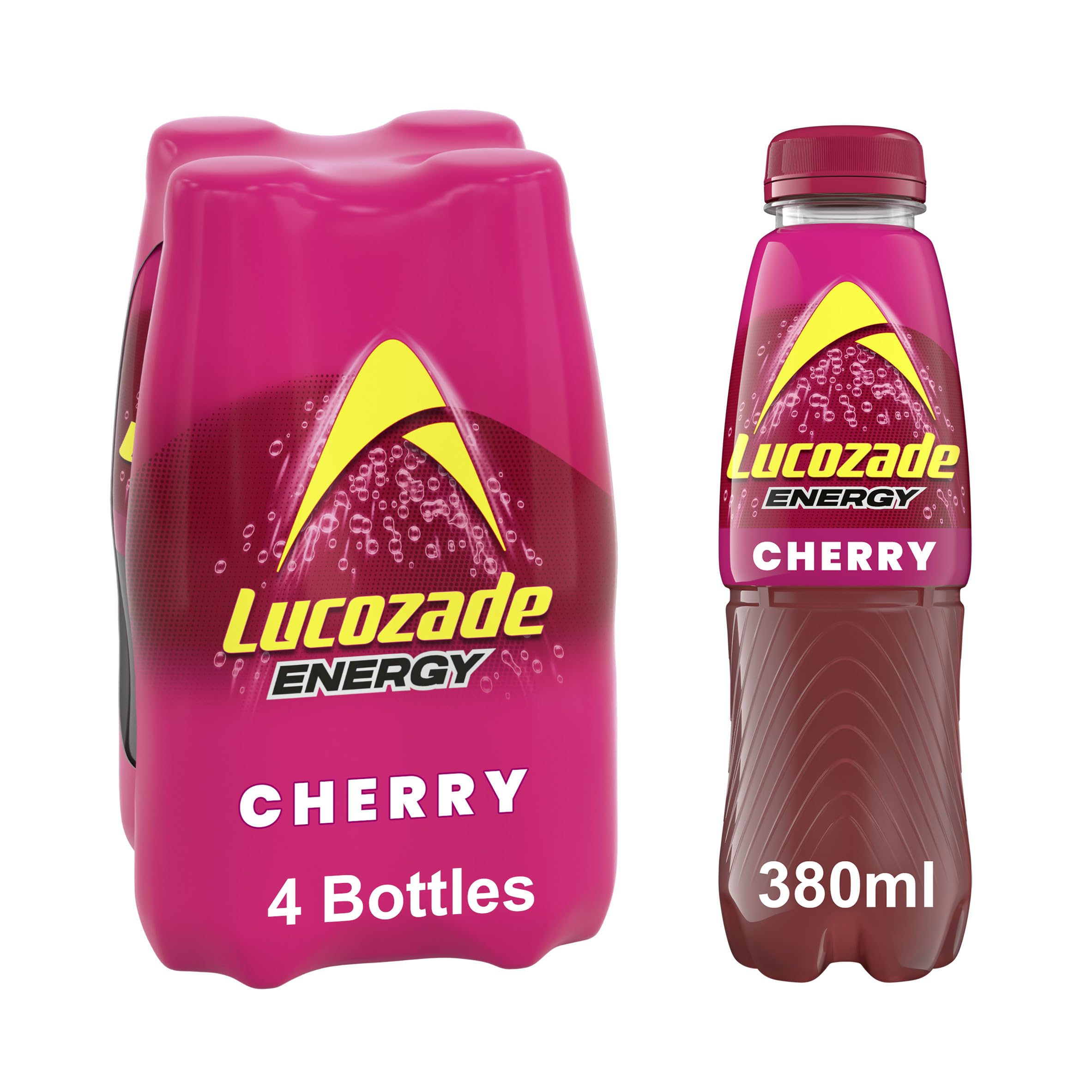 Lucozade Energy Cherry 380ml (Pack of 4) + Flavored Electrolyte Drink + Active Adults + Sports Recovery Drink + Deliciou